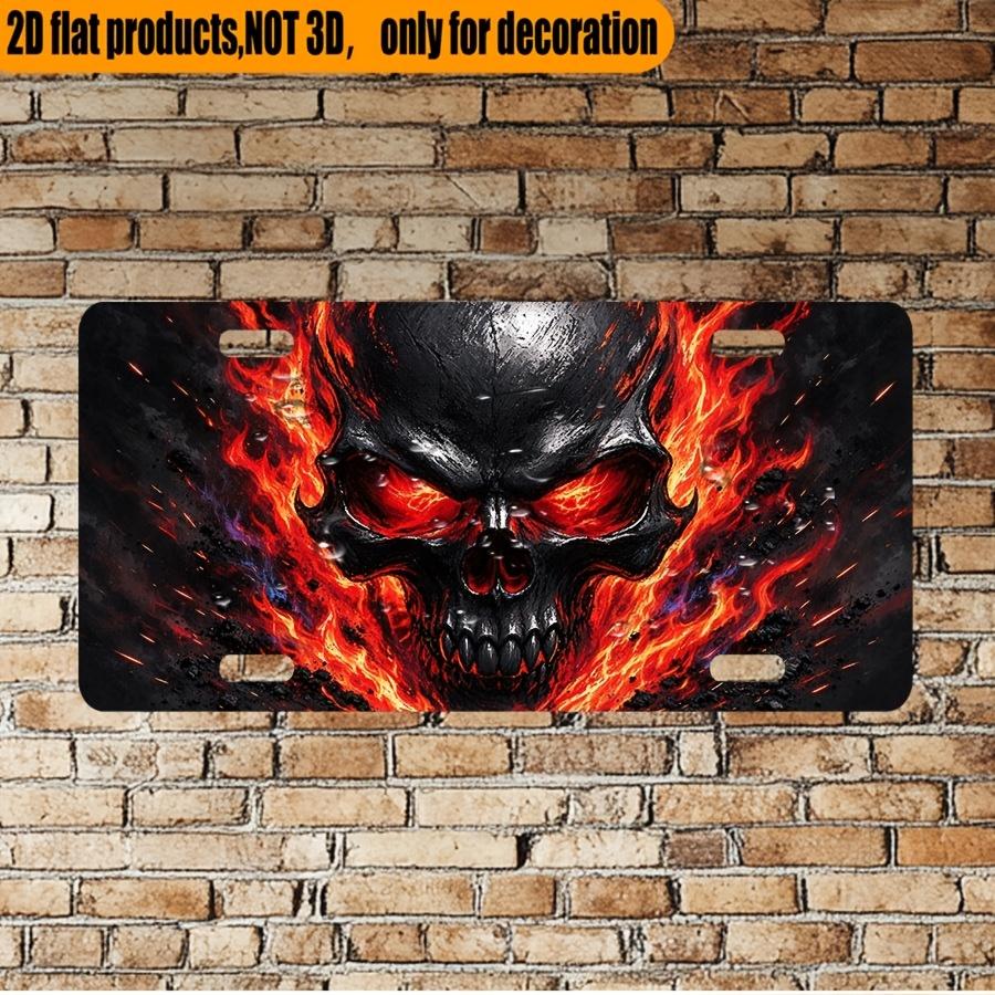 2D Flat, 1pc, for Decoration Solely, 12X6 Inch Red Eye Metal Skull Surrounded by Flames Aluminum License Plate, for Home Cafe Bar Wall And Car Decor,