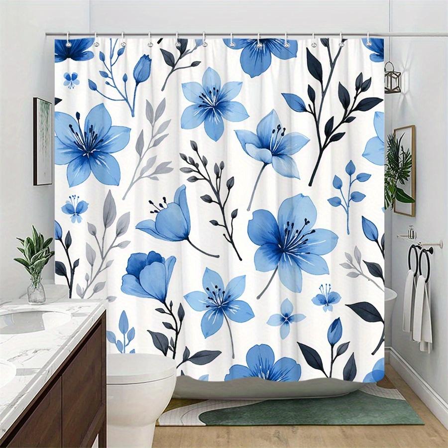 1Pc Blue-Grey Botanical Patterned Shower Curtain, Polyester Fabric, Machine Washable, Suitable For Bathroom Dcor.