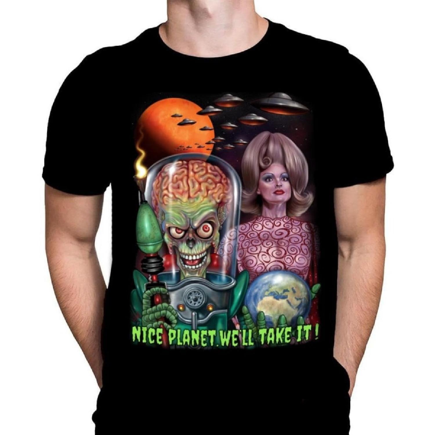 Wild Star Hearts Mars Attacks Nice Planet Mens Tshirt Gothic Horror Film Print, Black Cotton T-Shirt, Movie Poster Tee S