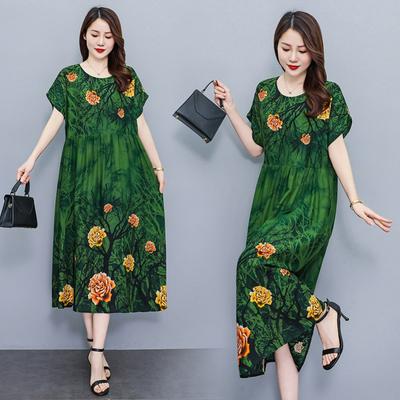 Moeder Zomer Grote Maten Katoen Zijde Jurk Dames Casual Slank Slank Makend Bloemenrok Lange Rok