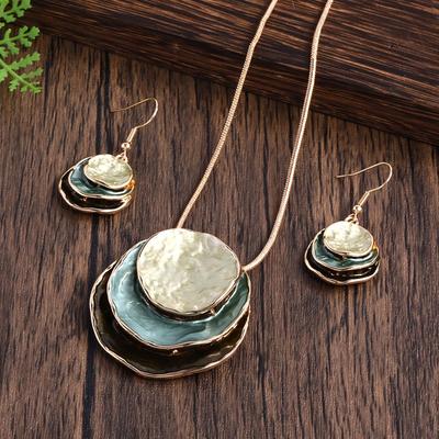 Wielowarstwowa biżuteria wisząca Vintage Boho zestaw biżuterii Stop cynku Emalia Wielowarstwowy okrągły naszyjnik z wisiorkiem i kolczyki Elegancki modny dodatek
