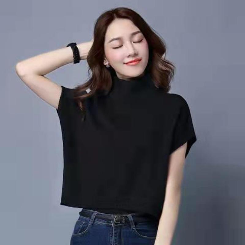 Knitted Sweater Vest Women's Korean Style Loose Bat Sleeve Solid Color High Collar Fashionable Casual Top
