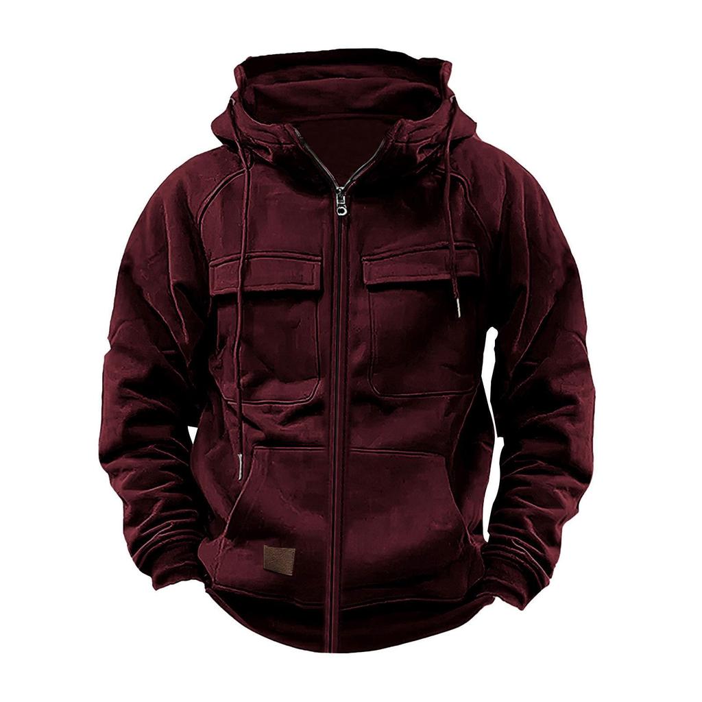 Men's Retro Leather Patch Hooded Sweatshirt - Solid Color, Cross-Border, Autumn/Winter Collection