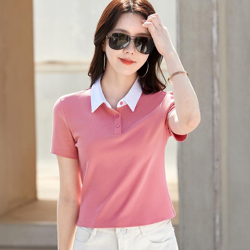 Women's Spring and Summer Cotton T-shirt Polo Lapel Shirt High Waist Short Slim Slim Stretch Cotton Top Trendy Women's Clothes