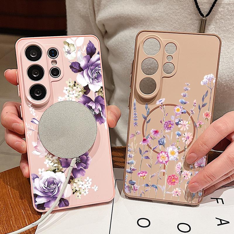 Custodia Magnetica Per Magsafe Per Samsung Galaxy S26 Ultra S25 Edge S24 Plus S23 FE S22 A17 A54 A55 A56 A57 5G Copertura Floreale Cartone Animato Margherite Fiore di Pesco