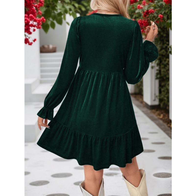 Women Elegant Velvet V Neck Long Sleeve High Waist A Line Short Dress