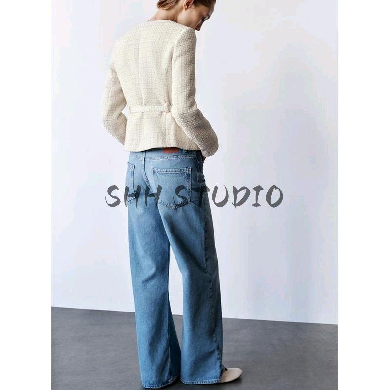 Spring New Women's Wear with Shoulder Pad Round Neck Long Sleeve Lace Belt Texture Blazer Outerwear 2409113