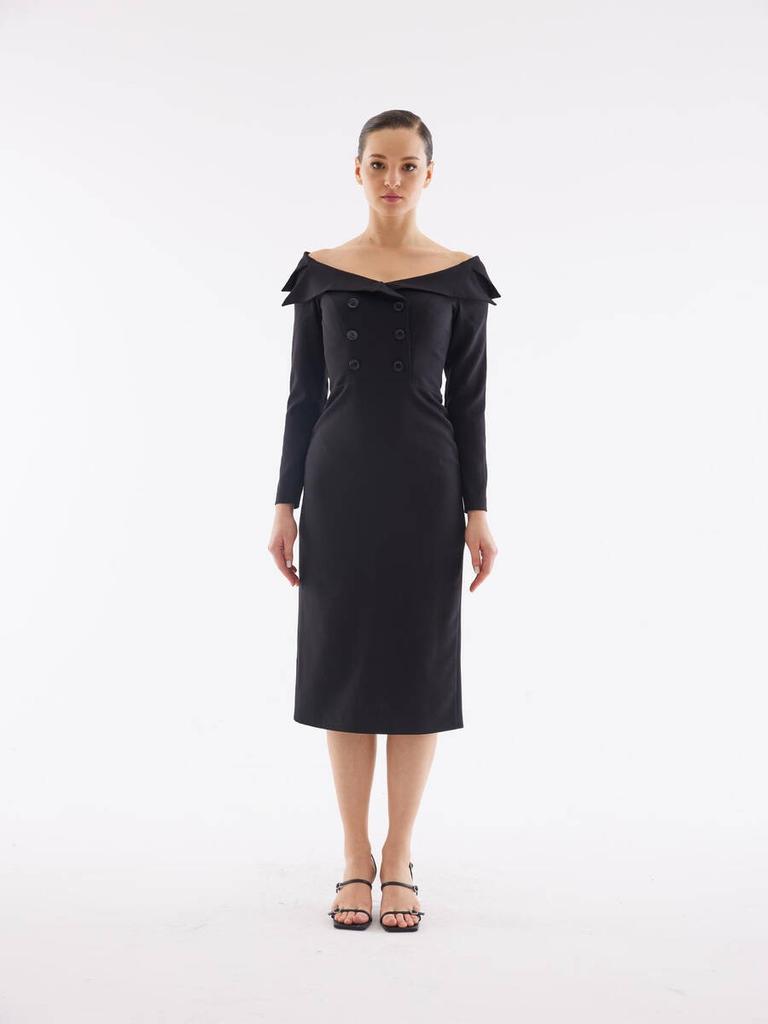 Boat Neck Button Detail Black Midi Dress