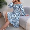 Îmbrăcăminte elegantă de toamnă și iarnă pentru femei cu imprimeuri florale, guler pătrat, mâneci lungi, talie marcată și fuste clos cu volane