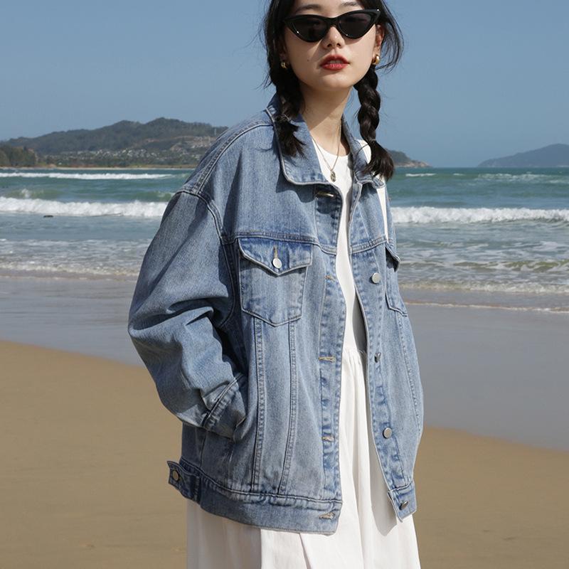 

Women s Slimming Retro Denim Jacket - Casual Loose Long Sleeve Water-Wash Top M синий
