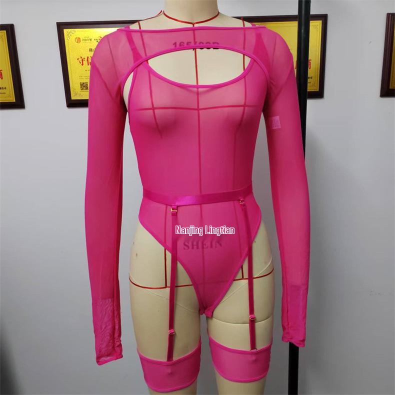 European and American Mesh Color Block Outerwear & Long Sleeve Camisole Bodysuit Lingerie Set for Women