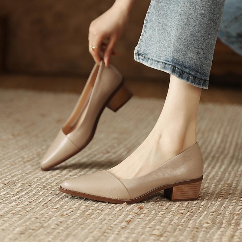 Fashion Women's Pumps Pointed Toe Shallow Mouth Leather Shoes Women's Elegant Fashion Solid Thick Middle Heels Dress Shoes for Women