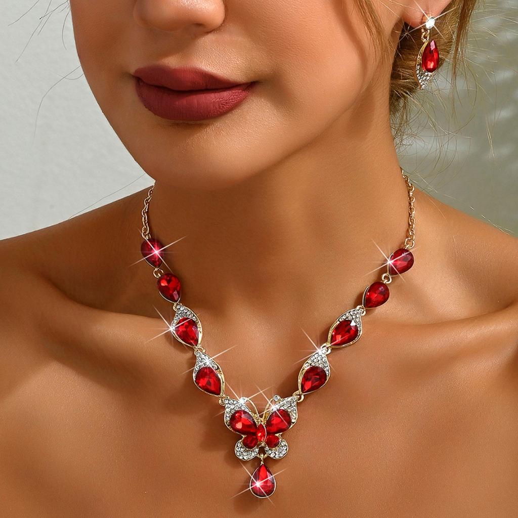 2026 European and American Inlaid Ruby Bridal Jewelry Set Fashionable Versatile Holiday Dating Senior