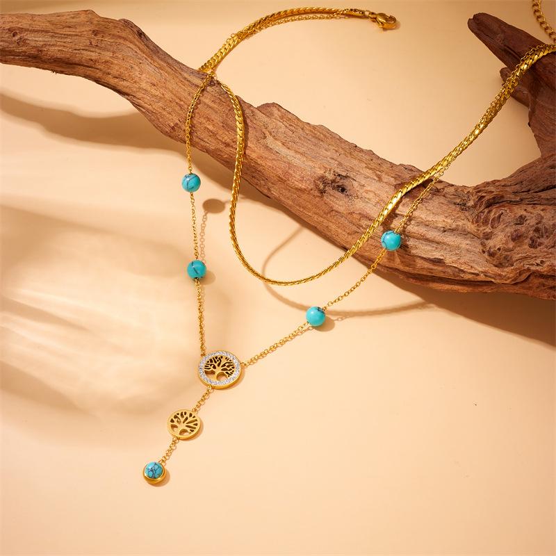 Многослойное колье с подвеской в виде Дерева Жизни из бирюзы, покрытое 18-каратным золотом, Y-образное колье с подвеской из кубического циркония для женщин, Бохо-украшение золотой