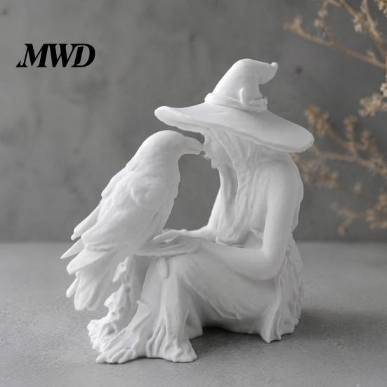 Unique Halloween Gift 3D Printed Witch Statue, Gothic And Raven Sculpture, Retro Style Room Decor Mystical Figurine for Home Desktop Shelf Mantel