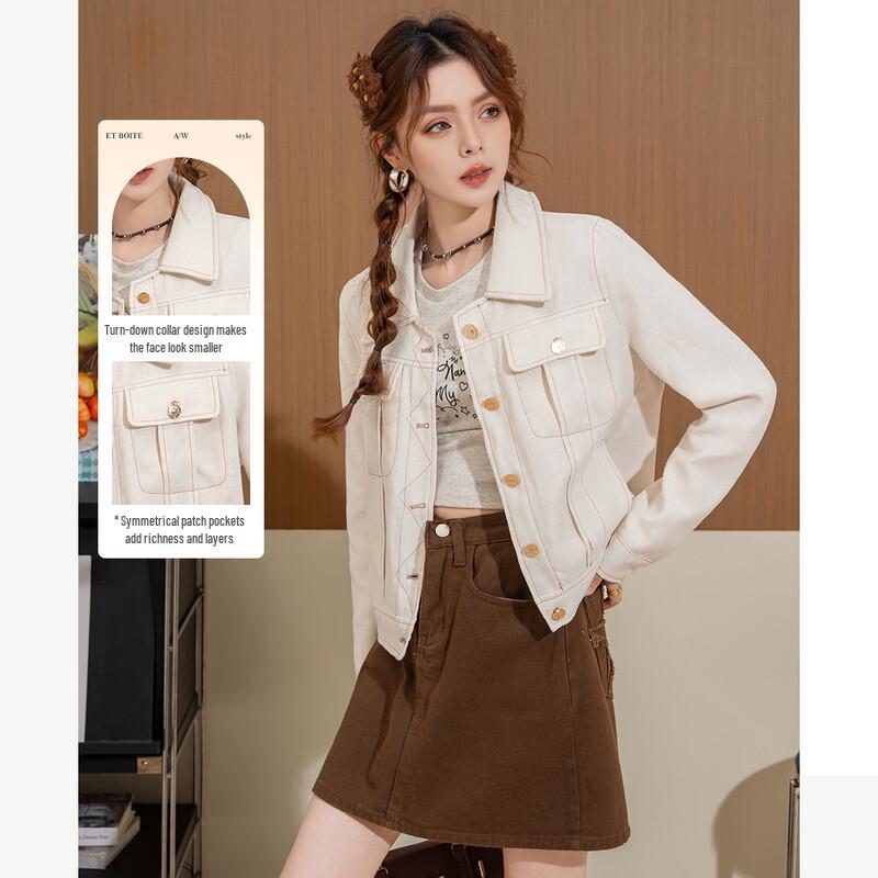 ET BOITE Women's Korean Style Lapel Short Utility Jacket