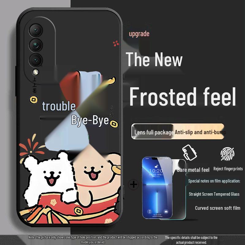 Black Cartoon Chinese Style Silicone Honor X20se Phone Case with Tempered Glass Protector