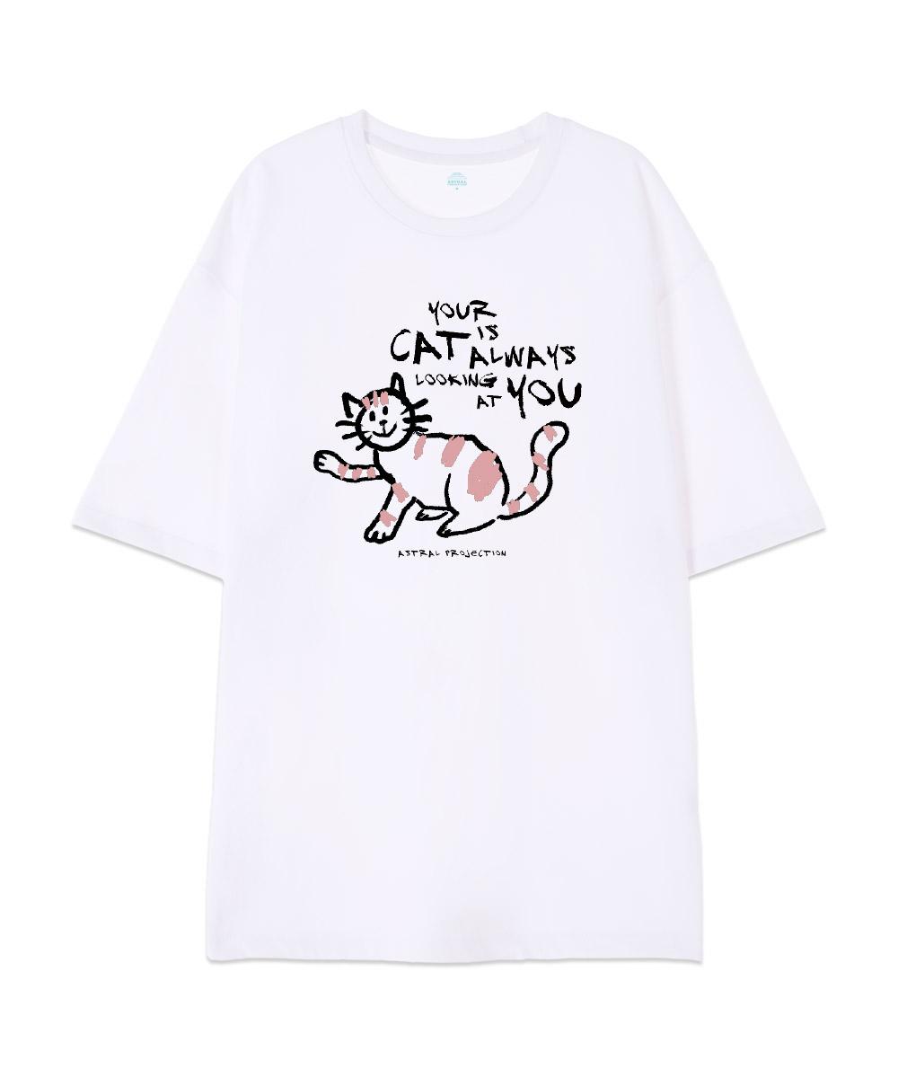 Astral Projection [Oversized] Doodle Cat 13-Count Cotton Round Neck Short Sleeve T-Shirt_White L