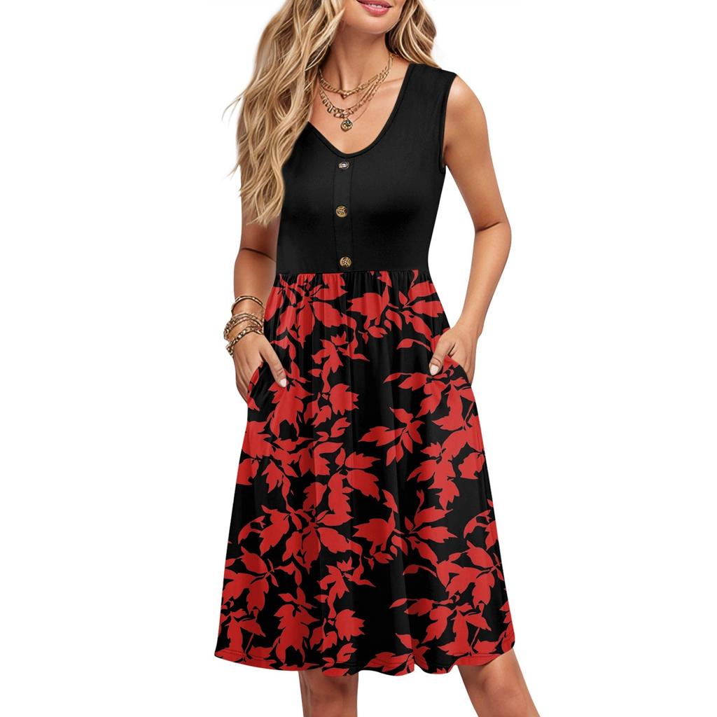 Women Summer Printing Dresses Sleeveless Casual Loose Swing Button Down Midi Sundress With Pockets