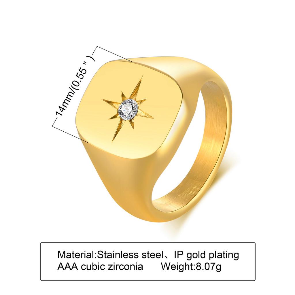 Edelstahl Sonnenschein Siegelring Pinky Ring, Zirkonia Inlay Ring Vergoldet, Anlaufgeschützter Modeschmuck