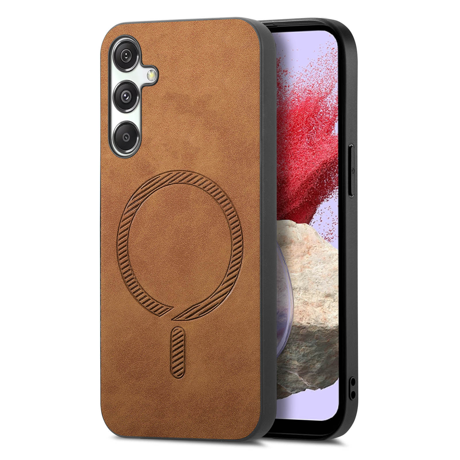 

For Samsung Galaxy M34 5G Leather Back Case Compatible with MagSafe Skin-touch Phone Cover Brown
