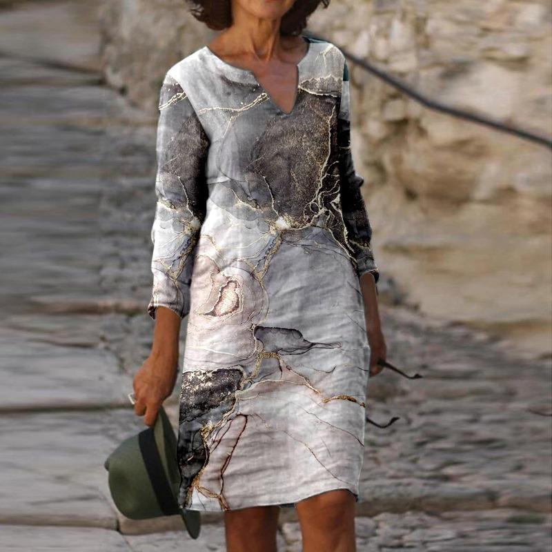 Women's Spring and Summer Fashion Painting Printed Nine Sleeve Multi Color Medium Length Dress