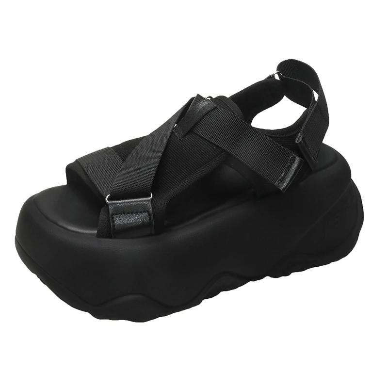 

8 см Летние Женские Эластичные Тканевые Сандалии на Толстой Подошве Новые Шлепанцы Сандалии на Высокой Платформе Обувь на Липучке Женские Zapatillas Mujer 35 чёрный