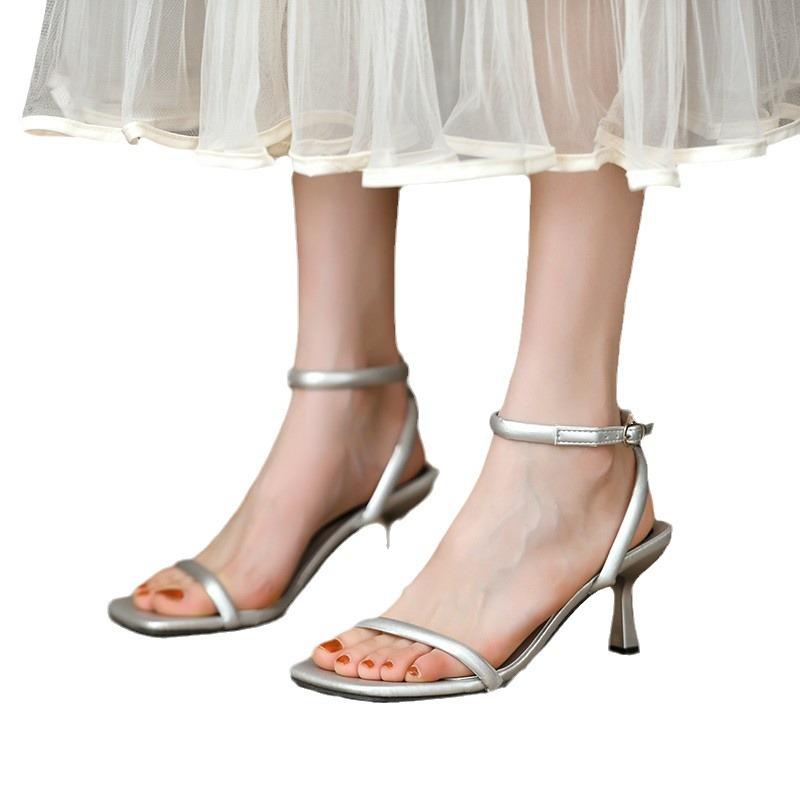 Sandals women's summer square head one-word strap stiletto high heels