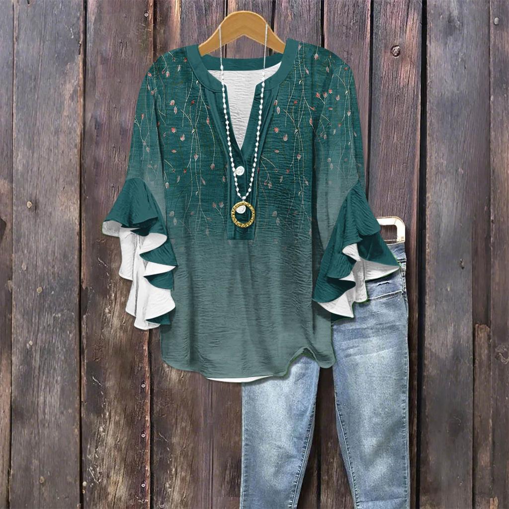 Women's Fashion Casual Button V-Neck Seven Sleeve Vintage Printed Shirt Top