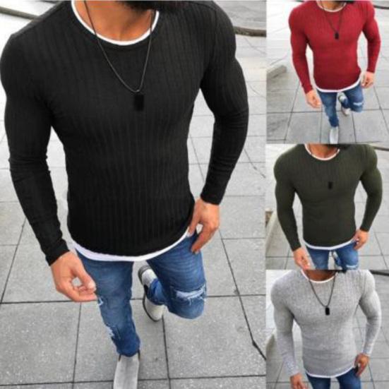 Fashion Men Round Neck Long Sleeve Patchwork Slim Knitted Sweater Pullover Top