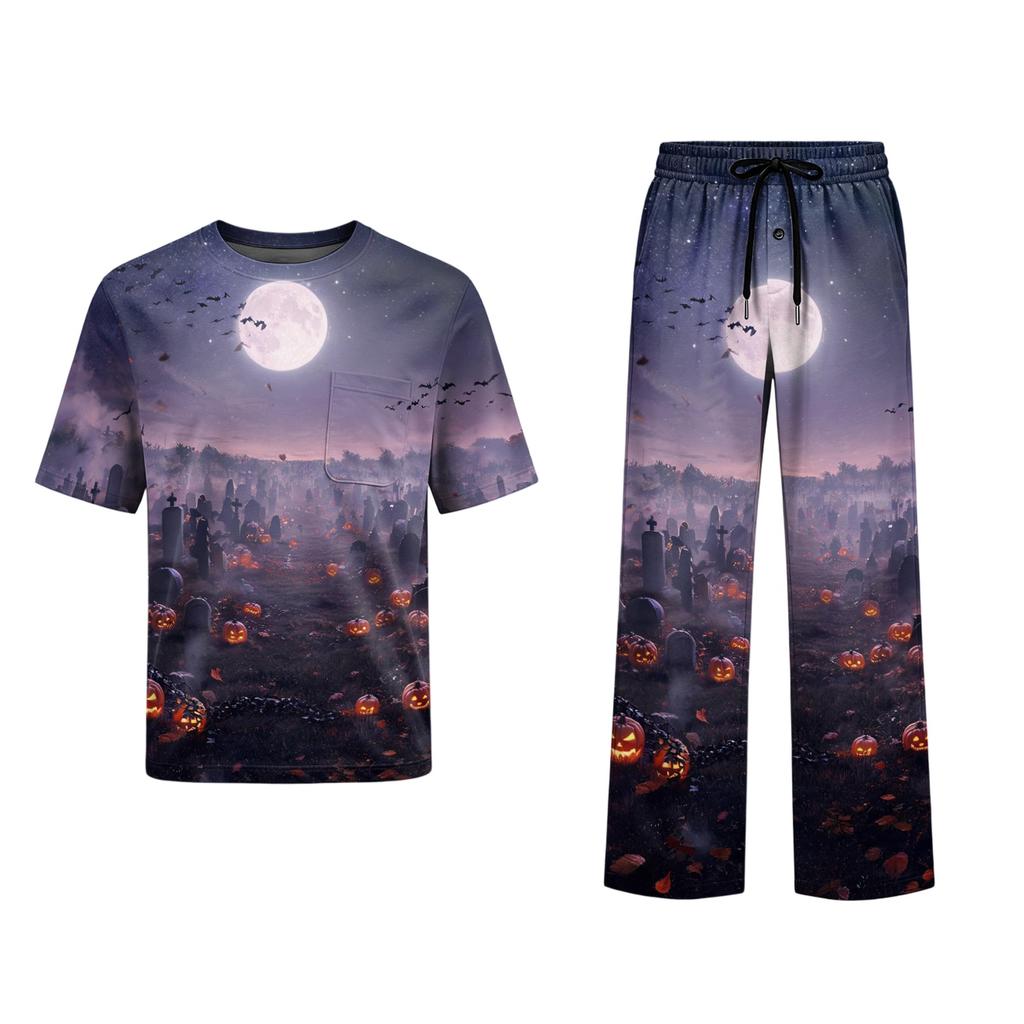 Men's Short Sleeve Pajama Set with Button Fly and Elastic Drawstring Waist - and Sleepwear