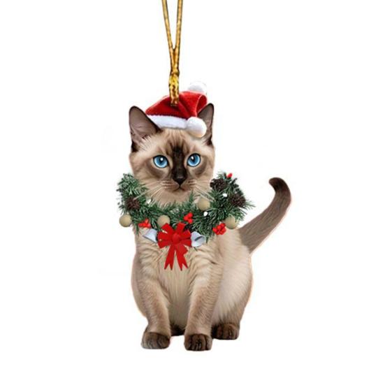 Christmas Pendant 2D Acrylic Cat Wearing Xmas Wreath Charm Car Hanging Ornament Home Office