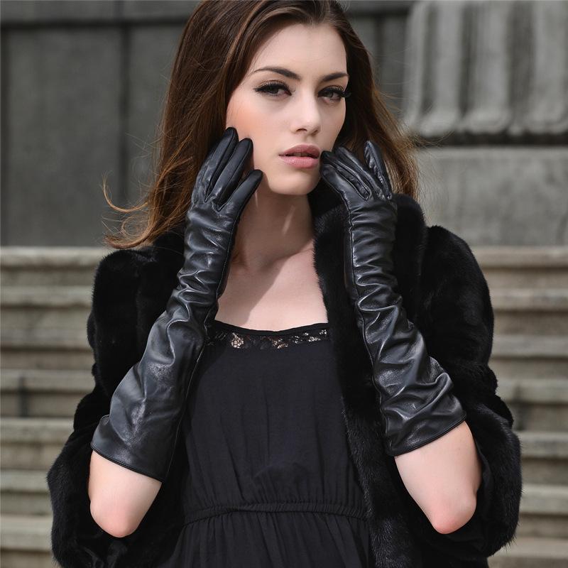Women's Long Lambskin Gloves - Winter Velvet Warm Touchscreen Arm Cover, Korean Style