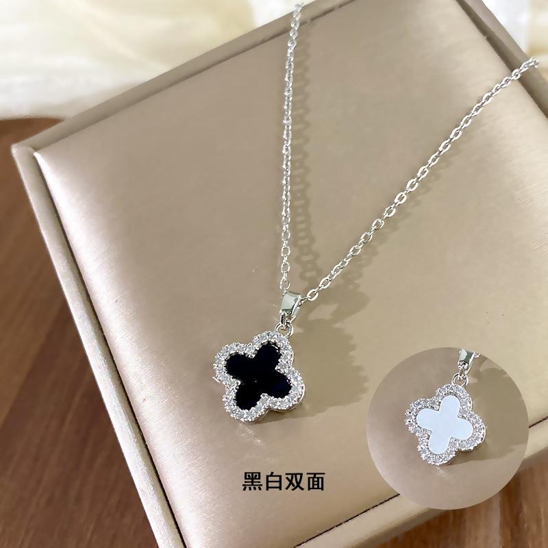 Titanium Steel Four-leaf Clover Full Diamond Necklace Women's Double-sided Design Flower Pendant High