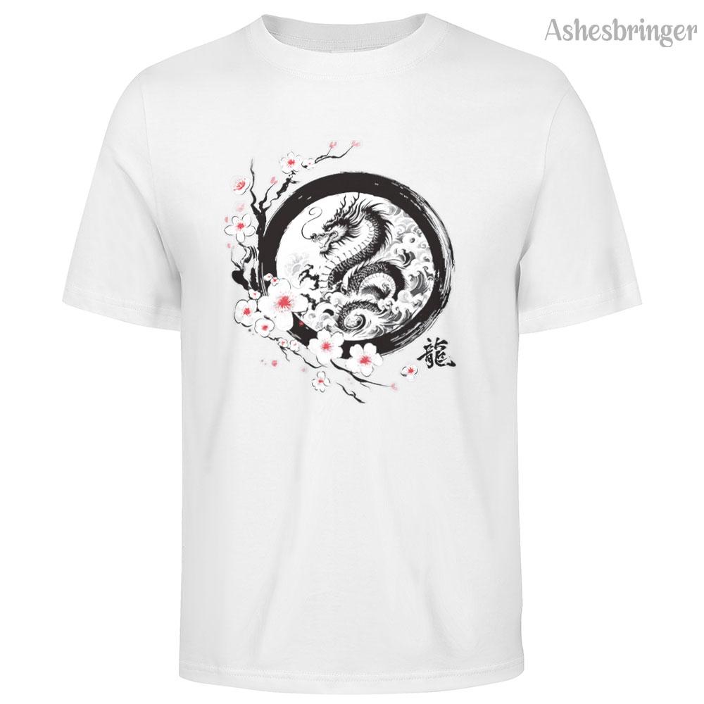 Mens Cotton Long Graphic Chinese Dragon T Shirt Street Casual Style Tee for Men and Women