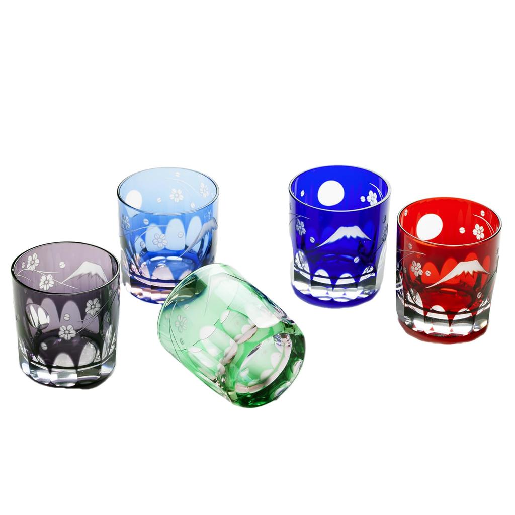 Glass Studio Saiho Edo Kiriko Shochu Glass, Rocks Glass, Tumbler Glass, Sake Cup, Blue Fuji and Cherry Blossom Design, Made In Japan, Wooden Box,