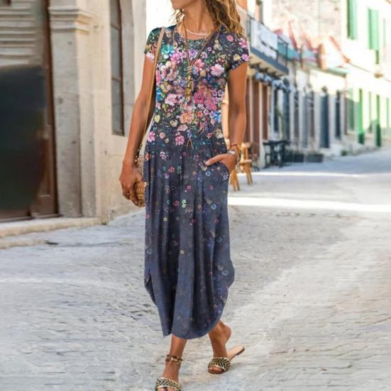 Mode Frauen Kleid Rundhals Kurzarm Taschen Floral Print Lose Maxi
