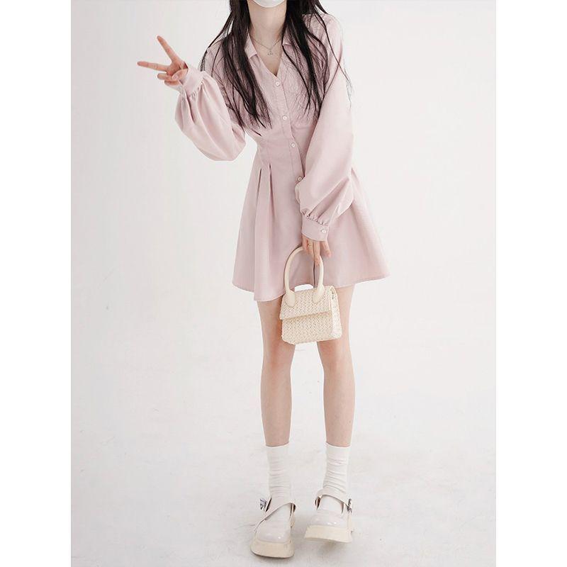 

2026 Women s Spring/Summer V-Neck Cropped Ant Waist Shirt Dress, Long Sleeve, Fitted Waist Skirt, Solid Color S