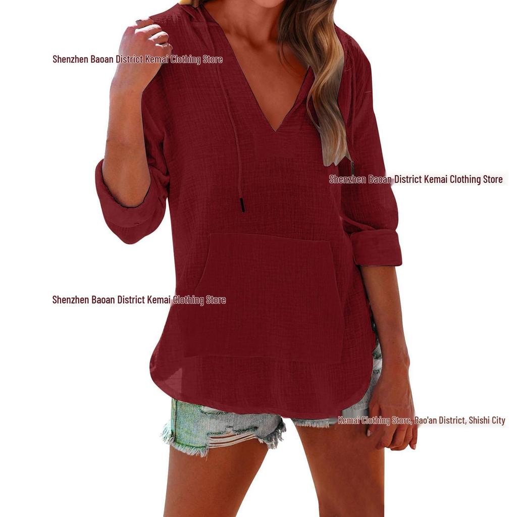 European & Asian 2025 Spring/Summer Women's V-Neck Long Sleeve Beach Hoodie with Pocket