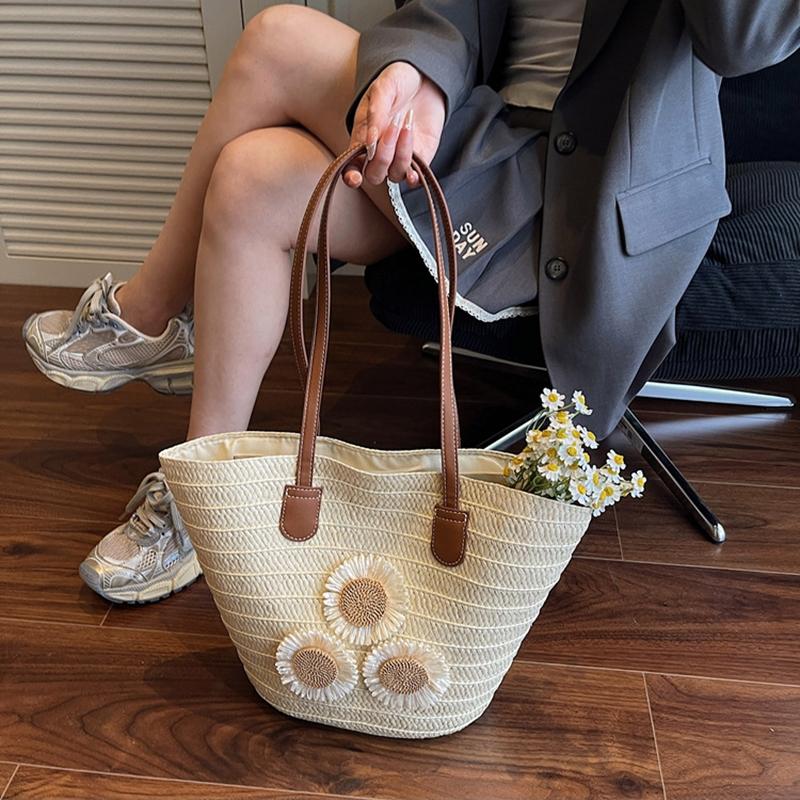 Yogodlns Damen Sommer Stroh Gewebt Große Kapazität Korb Schultertasche Handtaschen Mode Floral Dekor Luxus Designer Strand Bali Shopper Totes