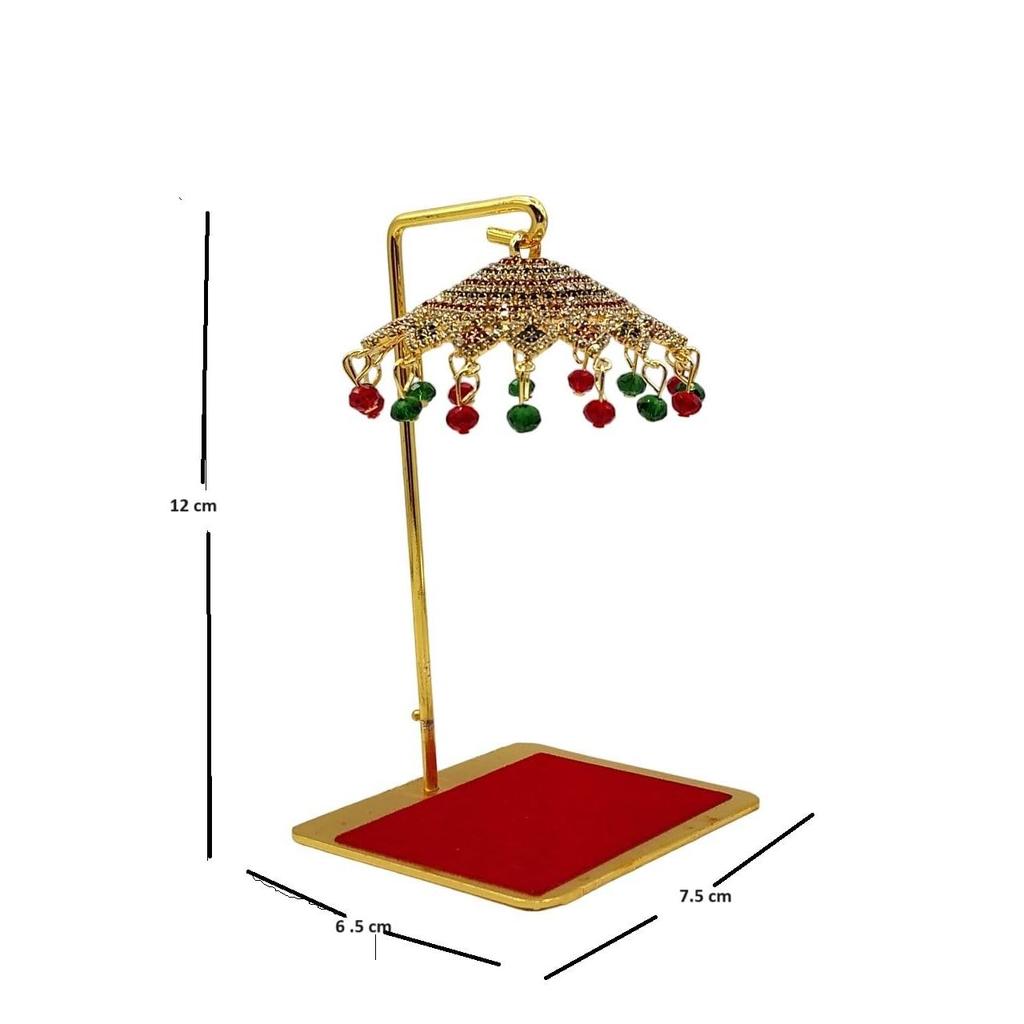Metal Umbrella Chhatra with Hanging Crystals for God Idol, Car Dashboard/Office Desk/Table/Home Decor Showpiece, Chatri Aasan