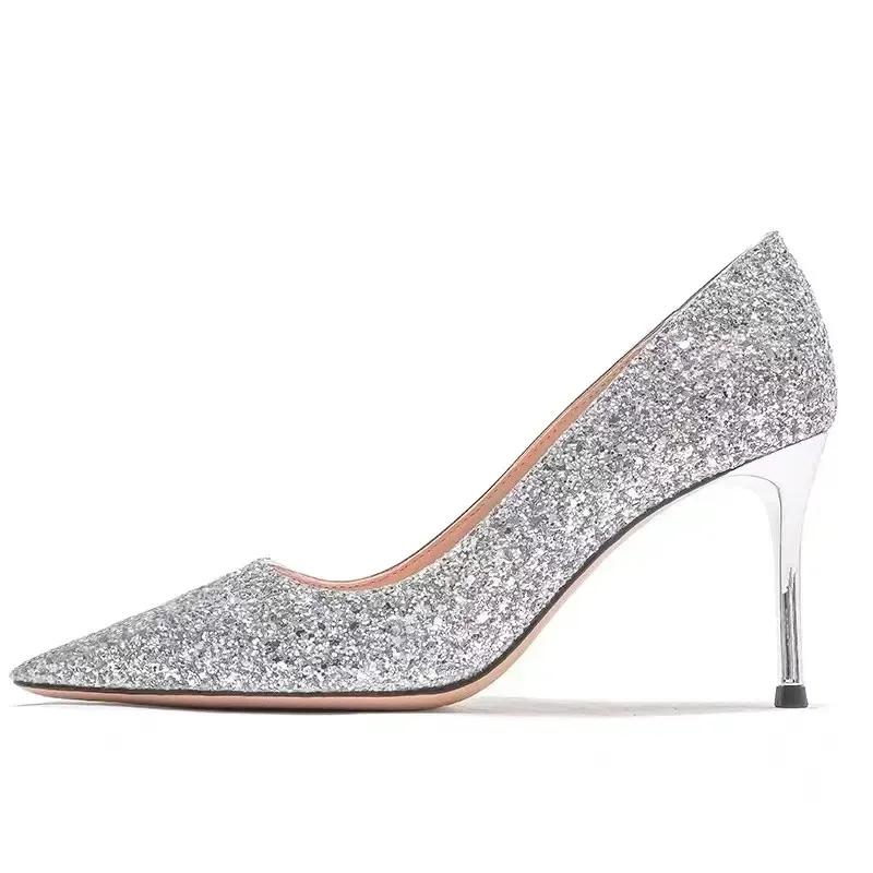 High Heels Women Wedding Shoes Bride Gold Heels Luxury Designer Elegant Party Sandals Dress Banquet Sequins Sandalias De Tacón