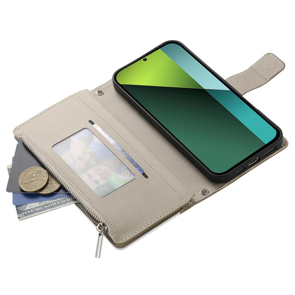 For Xiaomi Redmi Note 13 Pro 5G/Poco X6 5G Case Zipper Wallet Color Splicing Leather Flip Phone Cover with Straps