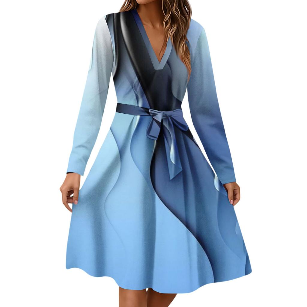 Women's Fashion Casual V-Neck Long Sleeve Waist Plaid Print Midi Dress
