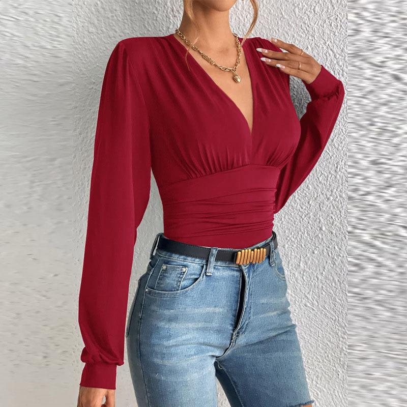Herbst Frühling Frauen Sexy Tiefem V-Ausschnitt Langarm Solide Tops Blusen frauen Schlank Elegante Streetwear Top Femme Bluse