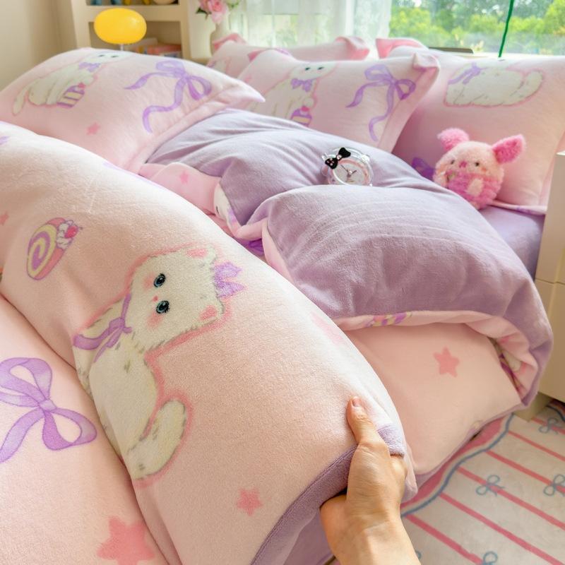 Thickened Milk Fleece Four-Piece Set Double-Sided Fleece Quilt Cover Coral Flannel Bed Sheet Quilt Cover Three-Piece Set Of Bed Hat