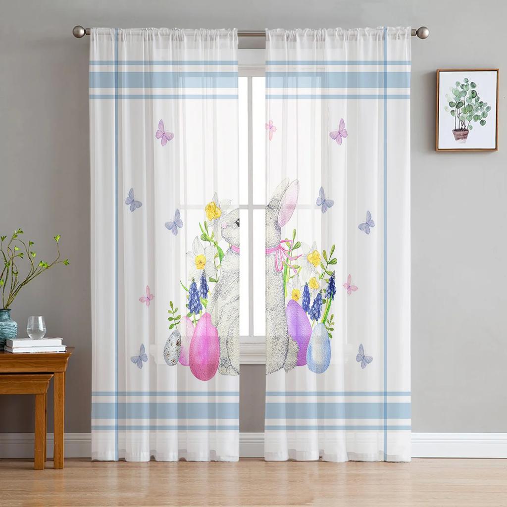 Happy Easter Curtains Bedroom Living Room Festival Decor Flower Bicycle Cartoon Rabbit Tulle Curtain Window Drapes Light Filtering Polyester Ideal For