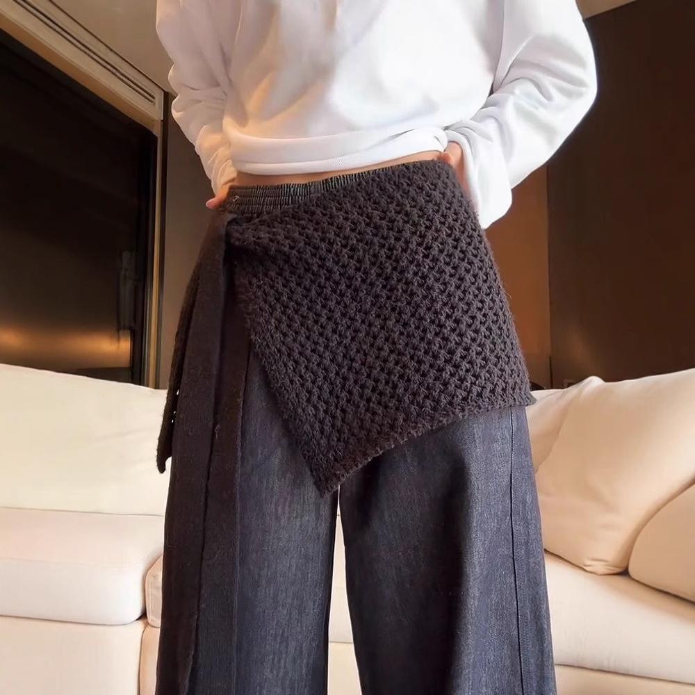 Women's 2025 Summer Black Lace-up Knit Mini Skirt with Hollow-out Design