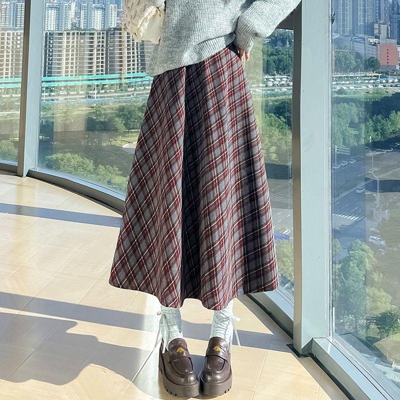 Vintage Plaid Midi Skirt - Women's New Autumn/winter High-waisted A-line Skirt