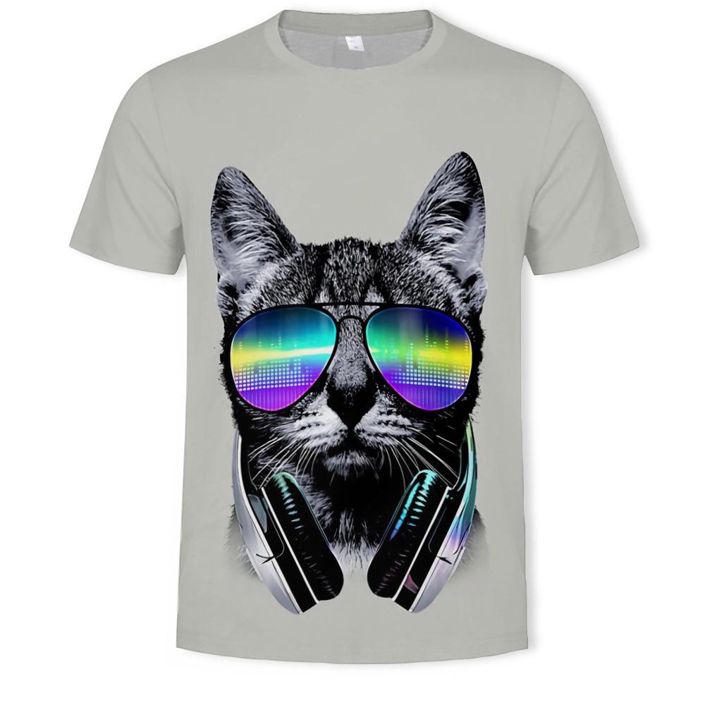Summer Trendy Animal Cat Round Neck Short Sleeved 3D Digital Printed Men's Short Sleeved T-shirt